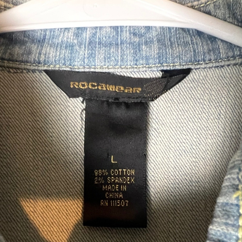 RocaWear Denim Jacket Kids Large 70s Wash Sequin Logo Cropped 3/4 Sleeve - Picture 3 of 7